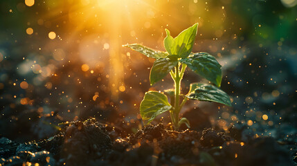 small plants growing sunrise morning sunlight,earth Day or enviroment protection Help save the world