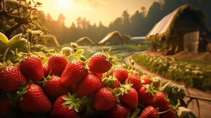 Fresh strawberries collected from field and strwberries in the field. - obrazy, fototapety, plakaty
