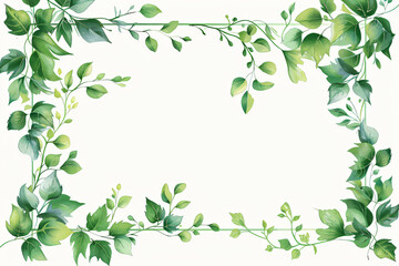 Botanical illustration border with greenery and splatter on white background. Watercolor foliage frame with copy space. Design concept suitable for invitations, posters, and greeting cards - obrazy, fototapety, plakaty