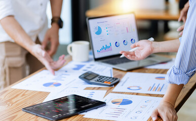 Office workers discussing and sharing business ideas at the office, Business analysis planning and...