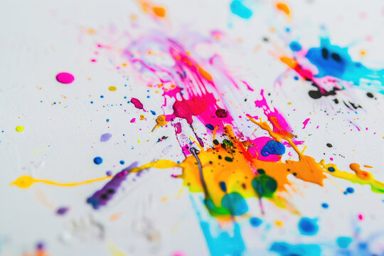 A close-up photo of a colorful paint splatter on a white canvas