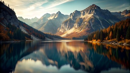 Pristine Lake and Majestic Mountains: A Perfect Blend of Nature's Masterpieces - obrazy, fototapety, plakaty