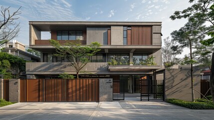 Fototapeta na wymiar a gray two-story house nestled behind a protective fence, equipped with automatic sliding brown gates, the seamless integration of aesthetics and security in contemporary suburban architecture.