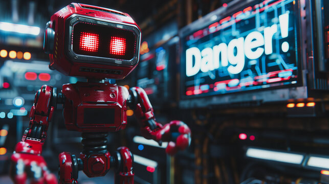 A robot with red eyes stands in front of a sign that says Danger. The robot appears to be in a futuristic setting, with neon lights and a metallic appearance. The scene is ominous and foreboding