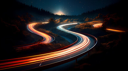 Illuminated path on curved road at night, night traffic route, motion blur - obrazy, fototapety, plakaty