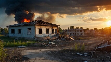 A Ukrainian city was bombed by Russia. Consequences of the military invasion of the Russian army. - obrazy, fototapety, plakaty