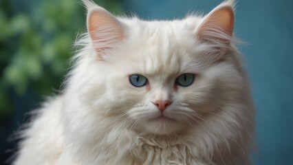 Naklejka na ściany i meble White cat on a blue background with different colored eyes, one green, one blue