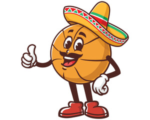 Basketball wearing sombrero cartoon mascot illustration character vector clip art hand drawn