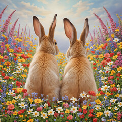 Two rabbits looking into the distance against the background of a flower meadow