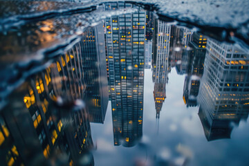 A photo of a cityscape reflected in a puddle of water