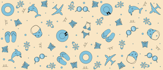 Summer Seamless Pattern in trendy Vintage Pastel style. Design Retro Wallpaper Print. Bikini, Flip-Flops, Flowers. Vector illustration can used Fabric Textile Print. Editable stroke