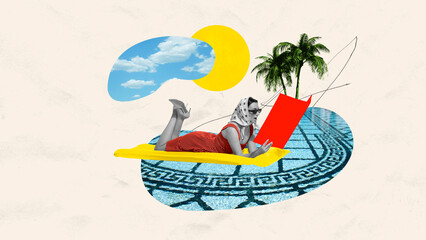 Contemporary art collage. Abstract artwork. Girl enjoys summer day lying on sun lounger in light...