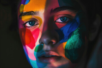 A creative and artistic photo of a person's face with their features obscured by colorful shapes - obrazy, fototapety, plakaty