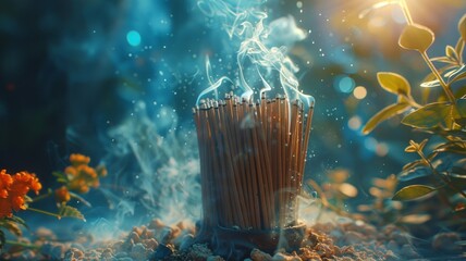 Scented incense sticks emitting tranquil smoke in temple - obrazy, fototapety, plakaty