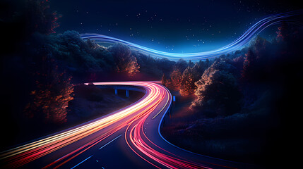 Illuminated path on curved road at night, night traffic route, motion blur - obrazy, fototapety, plakaty