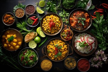 A table is set with bowls filled with various vegan foods representing global flavors. Generative AI