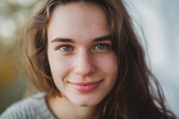 A close-up portrait of a young woman with a warm smile