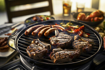 Grilling juicy ribeye steaks and spicy sausages and fresh vegetables, a meal on a bright sunny day with friends for the weekend