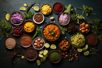 A table displaying an assortment of bowls filled with different types of vegan food from around the world. Generative AI
