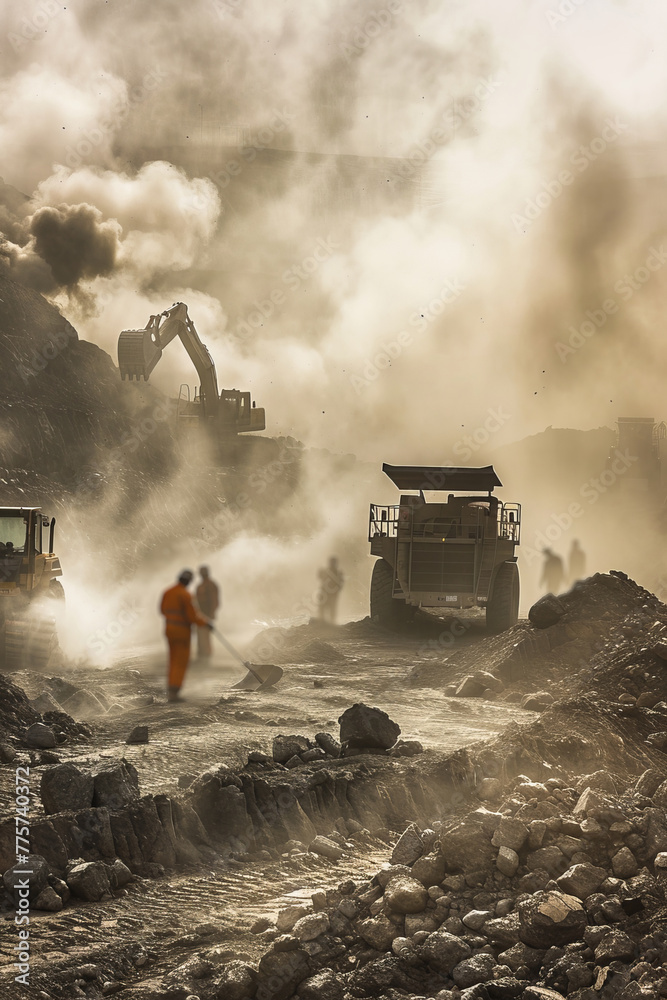 Wall mural group of miners operating heavy machinery in a surface mining operation, with dust and debris fillin