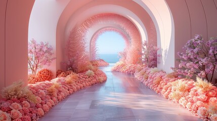 a modern-style arch and walkway adorned with pastel soft-colored roses, creating an enchanting...