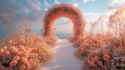 a modern-style arch and walkway adorned with pastel soft-colored roses, creating an enchanting ambiance fit for the most romantic celebrations. - obrazy, fototapety, plakaty