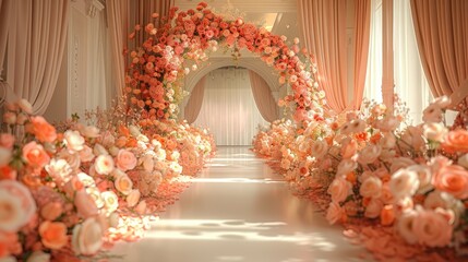 a modern-style arch and walkway adorned with pastel soft-colored roses, creating an enchanting...
