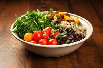 A white bowl overflowing with a colorful array of different types of fresh vegetables. Generative AI