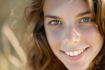 A close-up portrait of a young woman with a warm smile