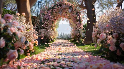 a modern-style arch and walkway adorned with pastel soft-colored roses, creating an enchanting ambiance fit for the most romantic celebrations.