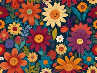 Fototapeta na wymiar A seamless pattern of playful, cartoon flowers with happy faces and bright colors, generative AI