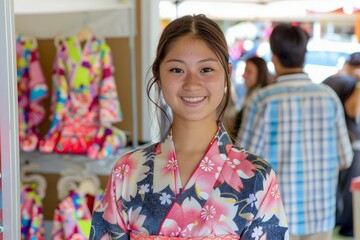Young Woman in Colorful Kimono Smiling at Summer Festival Booth with Traditional Wear and Decorations