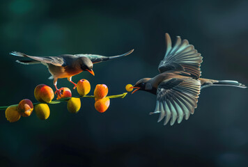Fototapeta premium photograph of two waxwings fighting over food on a branch, one is holding a yellow fruit in its beak and the other has its mouth open to take it from him