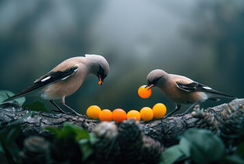 Fototapeta premium photograph of two waxwings fighting over food on a branch, one is holding a yellow fruit in its beak and the other has its mouth open to take it from him