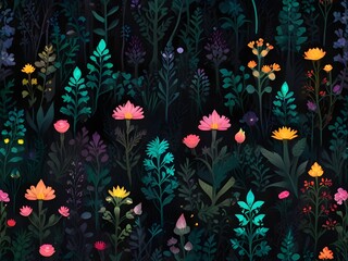 Fototapeta na wymiar Seamless, enchanted forest flower pattern with magical, glowing flora, generative AI