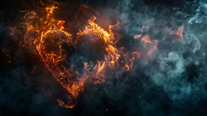 Fiery heart shape in dark smoky atmosphere symbolizing passion - obrazy, fototapety, plakaty