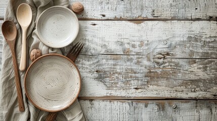 ceramic plates and wooden cutlery are delicately arranged on a weathered wooden background, evoking the cozy essence of a countryside kitchen. - obrazy, fototapety, plakaty