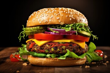 A delicious veggie burger topped with fresh lettuce, ripe tomato, and crunchy cucumber. Generative AI