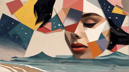 Low polly abstract collage art composition of beautiful woman portrait, colorful wallpaper modern...