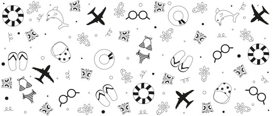 Summer Seamless Pattern in trendy Hand Drawn Look style. Wallpaper print Design. Sketchy lines Bikini, Flip-Flops, Flowers. Vector illustration can used Fabric Textile Print. Editable stroke