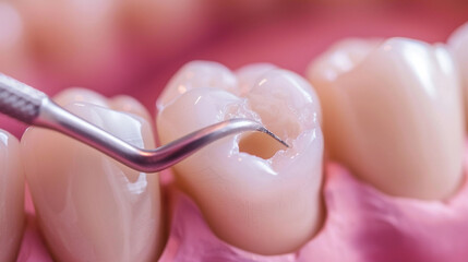 A close-up of a tooth being examined,