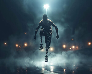 Fototapeta premium A conceptual representation of disabled individuals embracing their differences and excelling in sports with leg prosthesis,