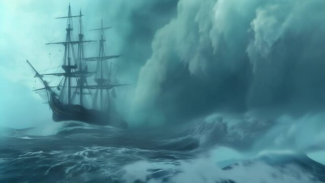 A ship is tossed helplessly in the midst of a ferocious storm as a massive rogue wave approaches from the horizon sealing the ships fate.