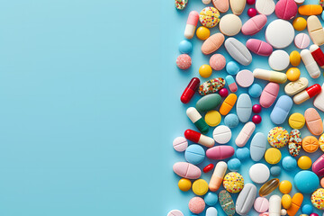 A collection of various medications and pills artistically arranged on a turquoise backdrop, representing medical diversity and options.
