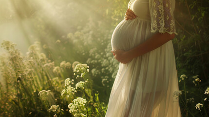 A serene depiction of an expectant mother's beautiful prenatal belly, - obrazy, fototapety, plakaty
