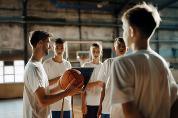 Basketball Coach With Teenage Boys in Training. School Coach Explains Basketball Game Rules Indoors