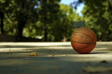Close-up of a lone basketball on a sun-kissed court, enveloped by the tranquility of a leafy backdrop, inviting play