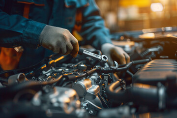 A worker meticulously repairing a car engine with a wrench tool, - obrazy, fototapety, plakaty