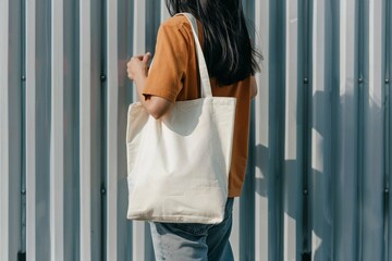 Urban lifestyle mockup with side view of woman carrying blank canvas tote bag against modern metal background