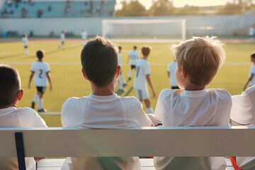 Boys Sitting on Soccer Bench on Sunny Summer Day. Kids on Football Stadium. Football Arena in Background
